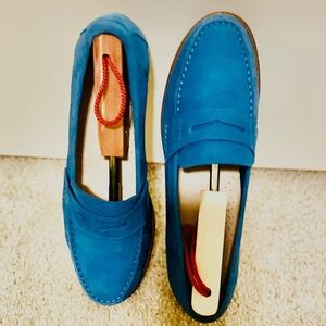 Cole Haan Peacock blue suede penny loafers.